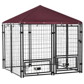 PawHut 5' x 5' Outdoor Dog Kennel with Rotating Bowl Holders, Walk-in Pet Playpen, Wire Steel with Water and UV-Resistant Canopy, Red